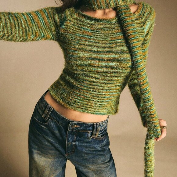 Sweaters - Green Casual Women Y2k Elastic Colorblock Sweater